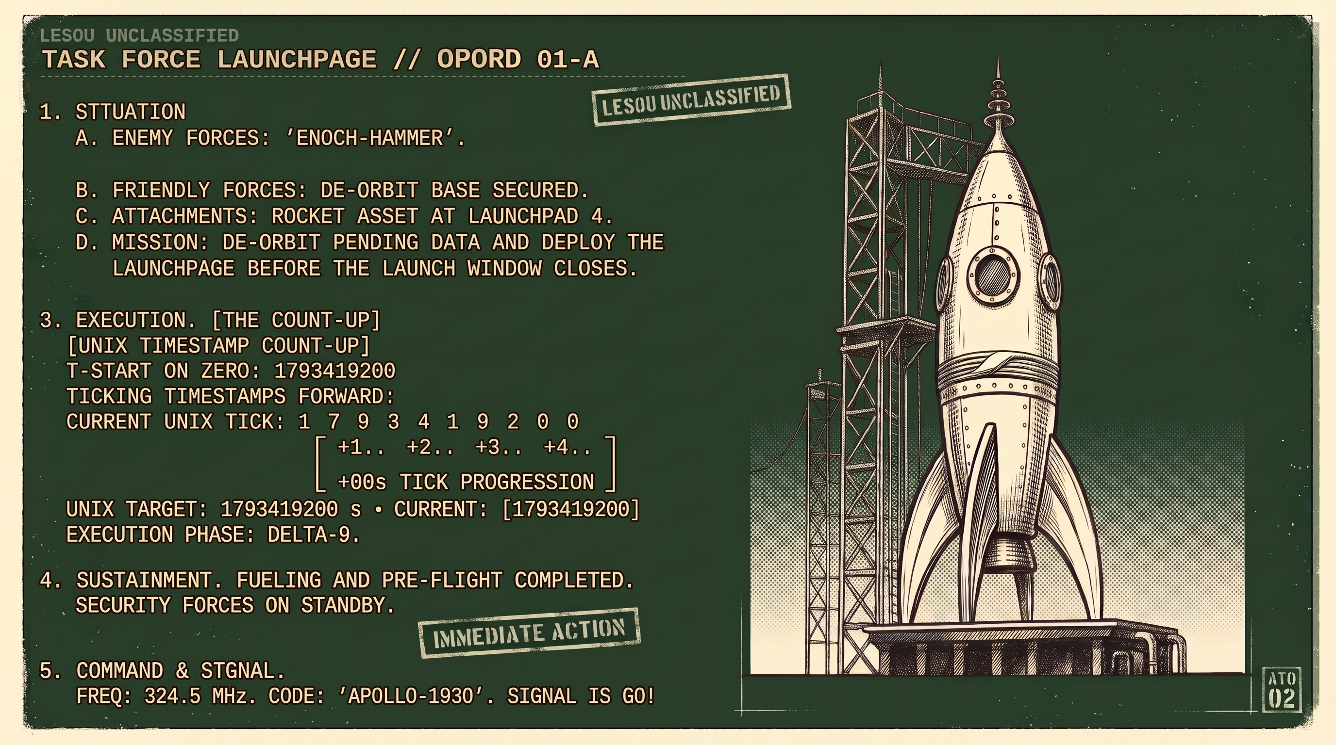 1930s Flash Gordon style rocket on launchpad in standby